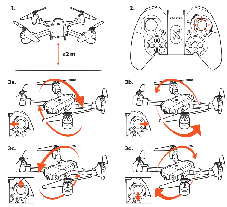 To rotate the drone: 1. The drone must be at the altitude of at least 2 m. 2. Click the fl ight direction control lever (right lever). 3. Point the fl ight direction lever in the desired direction of a stunt